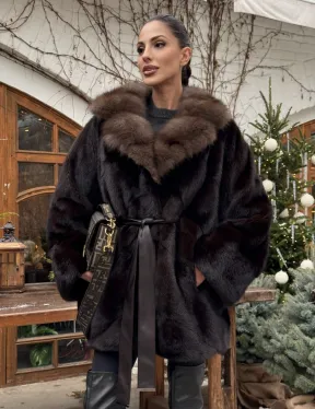 Норковый полушубок Mahogany с воротником из меха куницы - Летучая мышь