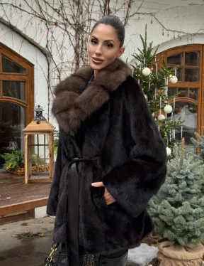 Норковый полушубок Mahogany с воротником из меха куницы - Летучая мышь