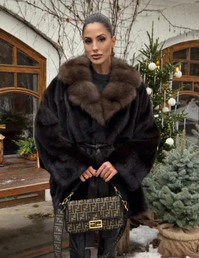 Норковый полушубок Mahogany с воротником из меха куницы - Летучая мышь