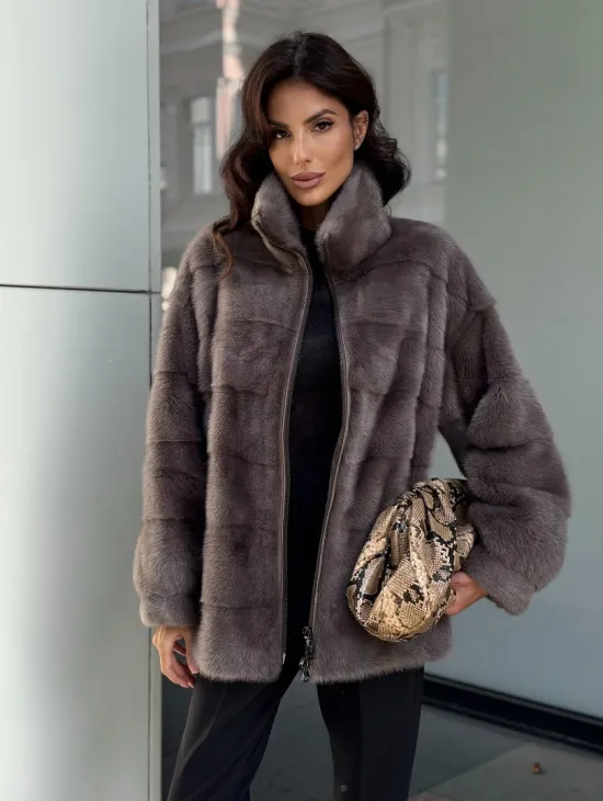 Норковая курта на молнии стойка воротник цвет мокко