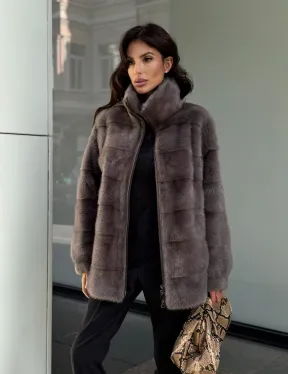 Норковая курта на молнии стойка воротник цвет мокко