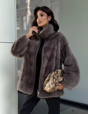 Норковая курта на молнии стойка воротник цвет мокко