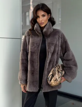 Норковая курта на молнии стойка воротник цвет мокко