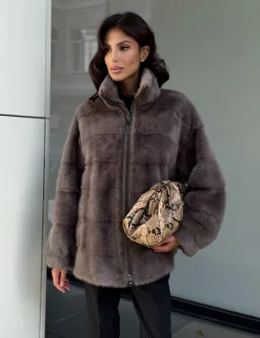Норковая курта на молнии стойка воротник цвет мокко