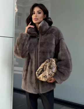 Норковая курта на молнии стойка воротник цвет мокко
