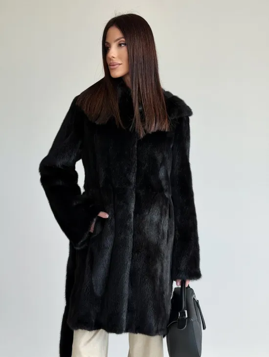 Норковая шуба с капюшоном и меховым поясом в цвете Black
