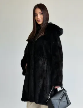 Норковая шуба с капюшоном и меховым поясом в цвете Black