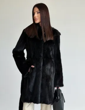 Норковая шуба с капюшоном и меховым поясом в цвете Black