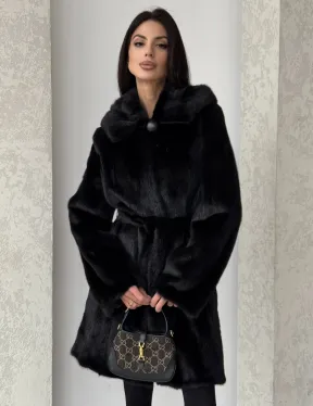 Норковая шуба с капюшоном и меховым поясом в цвете Black