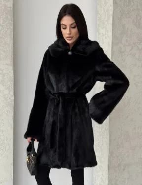 Норковая шуба с капюшоном и меховым поясом в цвете Black