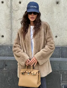 Норковый жакет в натуральном цвете пастель с V-образным воротником