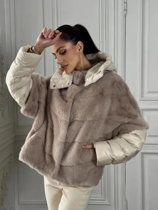 Норковый женский полушубок-жилет 2в1 в цвете «Нюд»