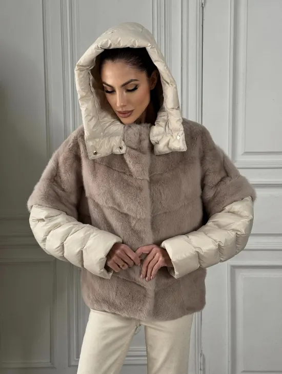 Норковый женский полушубок-жилет 2в1 в цвете «Нюд»