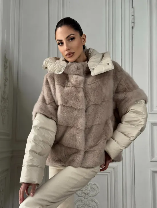Норковый женский полушубок-жилет 2в1 в цвете «Нюд»