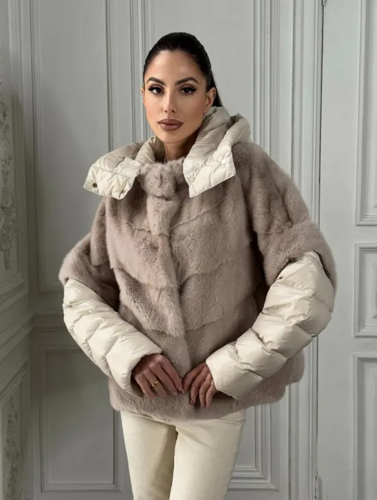 Норковый женский полушубок-жилет 2в1 в цвете «Нюд»