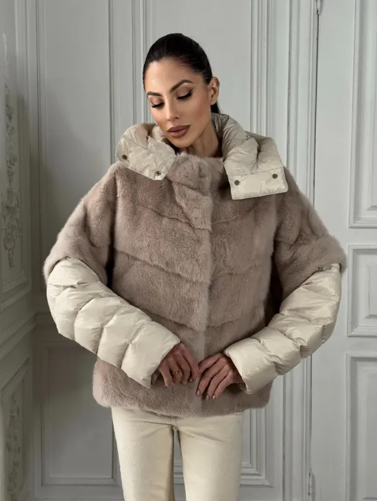 Норковый женский полушубок-жилет 2в1 в цвете «Нюд»
