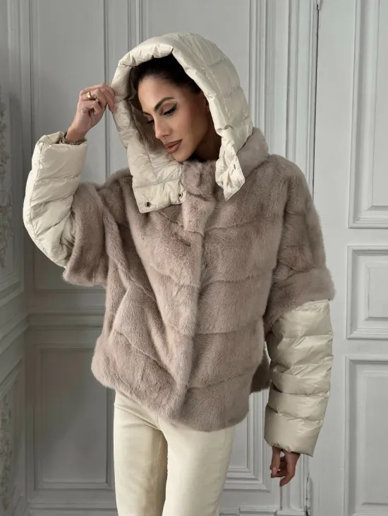 Норковый женский полушубок-жилет 2в1 в цвете «Нюд»