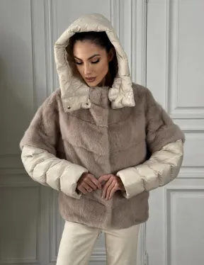 Норковый женский полушубок-жилет 2в1 в цвете «Нюд»