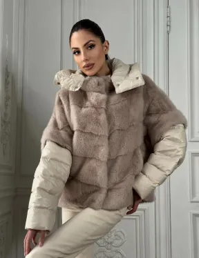 Норковый женский полушубок-жилет 2в1 в цвете «Нюд»