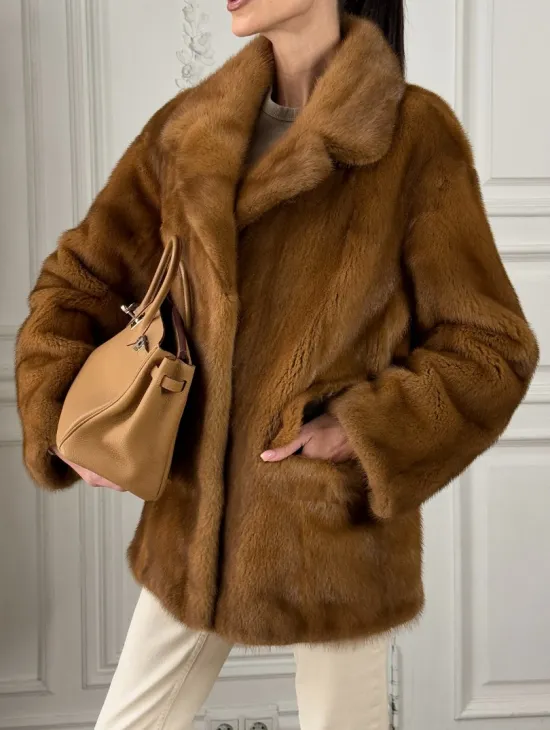 Полушубок норковый Vintage Dark Gold с английским воротником
