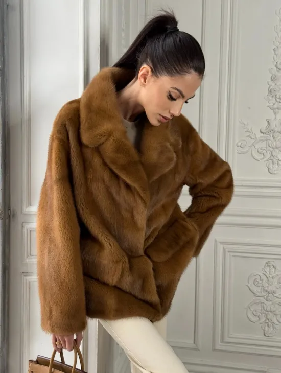 Полушубок норковый Vintage Dark Gold с английским воротником