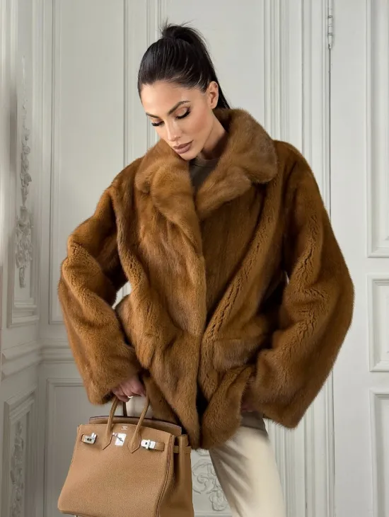 Полушубок норковый Vintage Dark Gold с английским воротником