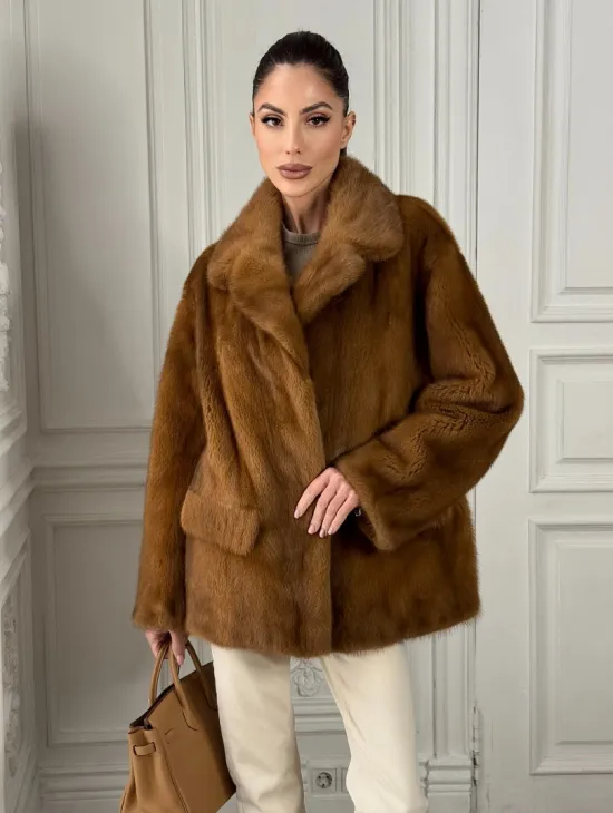 Полушубок норковый Vintage Dark Gold с английским воротником