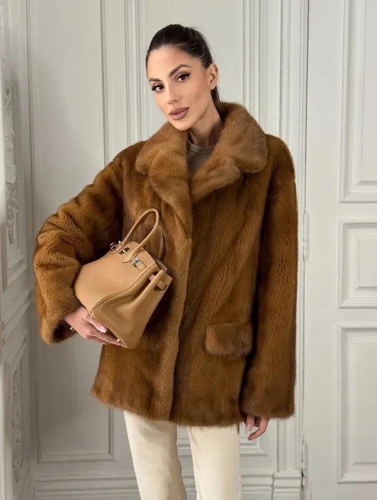 Полушубок норковый Vintage Dark Gold с английским воротником