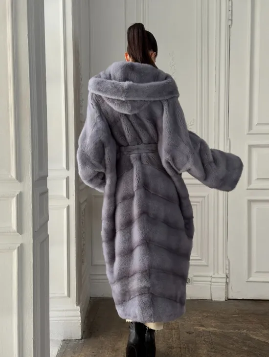 Длинная голубая норковая шуба с капюшоном PLUS SIZE
