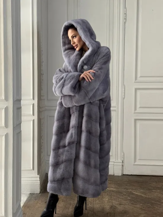 Длинная голубая норковая шуба с капюшоном PLUS SIZE
