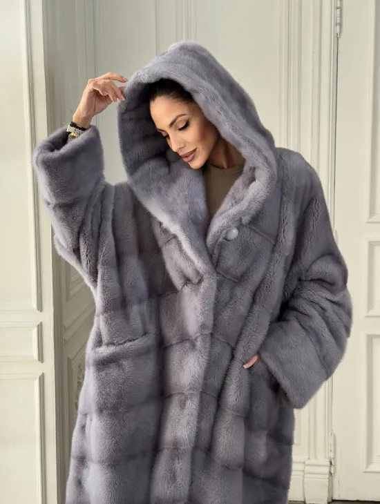 Длинная голубая норковая шуба с капюшоном PLUS SIZE