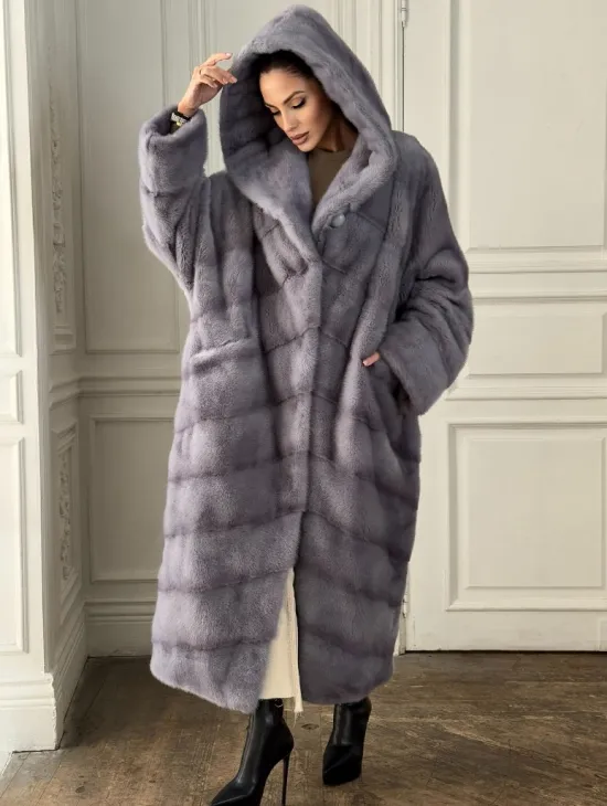 Длинная голубая норковая шуба с капюшоном PLUS SIZE