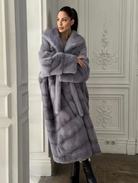 Длинная голубая норковая шуба с капюшоном PLUS SIZE