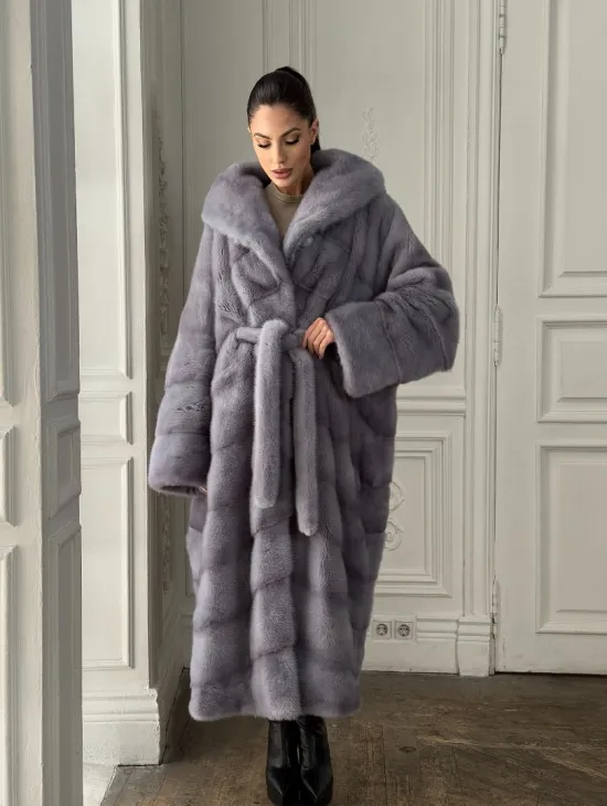 Длинная голубая норковая шуба с капюшоном PLUS SIZE