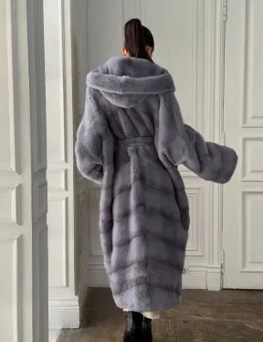 Длинная голубая норковая шуба с капюшоном PLUS SIZE