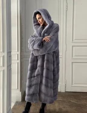 Длинная голубая норковая шуба с капюшоном PLUS SIZE