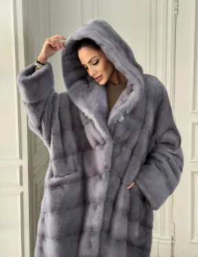 Длинная голубая норковая шуба с капюшоном PLUS SIZE