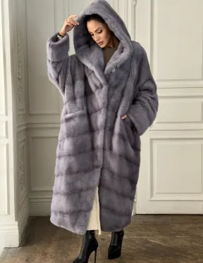 Длинная голубая норковая шуба с капюшоном PLUS SIZE