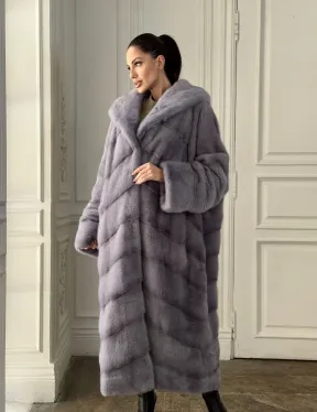 Длинная голубая норковая шуба с капюшоном PLUS SIZE