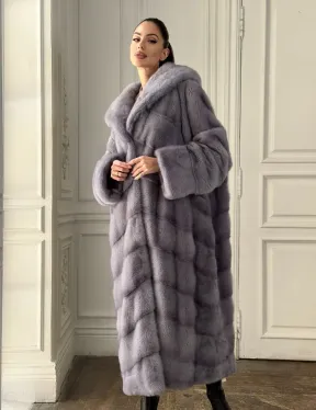 Длинная голубая норковая шуба с капюшоном PLUS SIZE