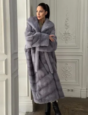 Длинная голубая норковая шуба с капюшоном PLUS SIZE