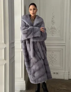 Длинная голубая норковая шуба с капюшоном PLUS SIZE