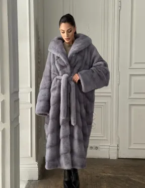 Длинная голубая норковая шуба с капюшоном PLUS SIZE