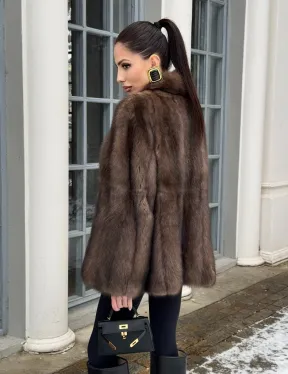 Полушубок из баргузинского соболя с V-образным воротником седина 2/3