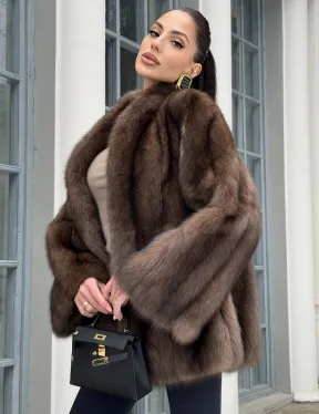 Полушубок из баргузинского соболя с V-образным воротником седина 2/3