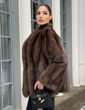 Полушубок из баргузинского соболя с V-образным воротником седина 2/3