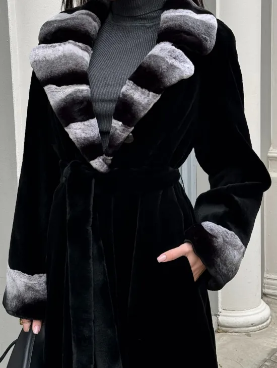 Шуба из стриженой норки с отделкой под шиншиллу