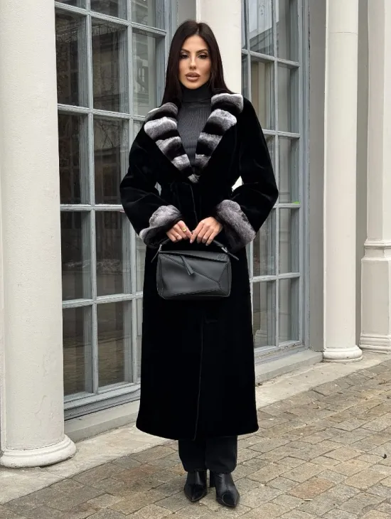 Шуба из стриженой норки с отделкой под шиншиллу