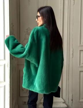 Изумрудный норковый полушубок с V-образным воротником