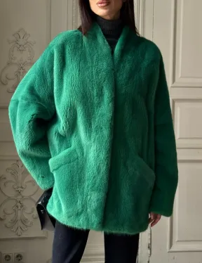 Изумрудный норковый полушубок с V-образным воротником